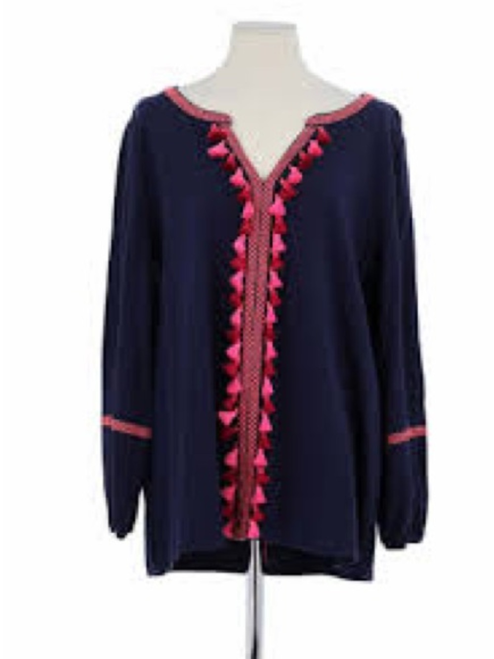 Boden 100% Cotton “Alison” Navy Tunic Top with Pink Tassel Trim